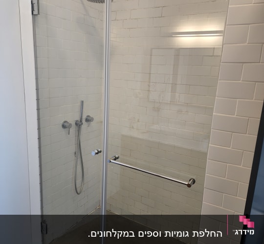 מקלחת עם דלת זכוכית, ראש מקלחת וקיר אריחים לבנים